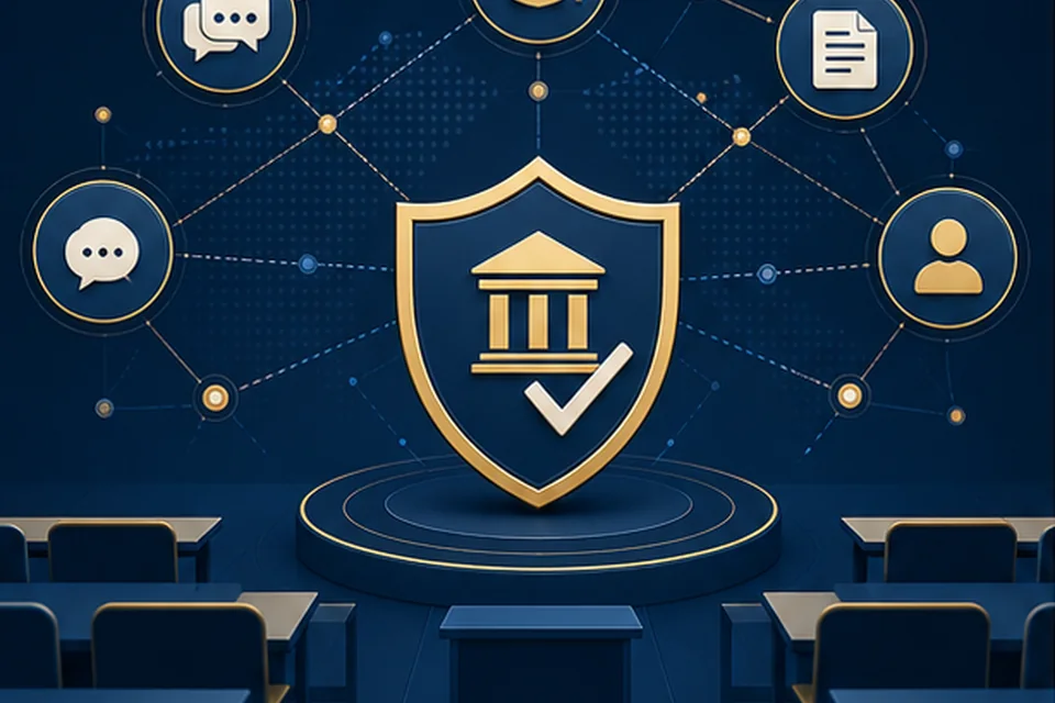 ملخص بصري يربط الذكاء الاصطناعي بالنزاهة الأكاديمية والتعليم الجامعي